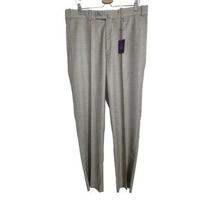 Aristo Eighteen Stirling Wool Pants Light Brown Plaid Flat Front Sz 38‎ Unhemmed